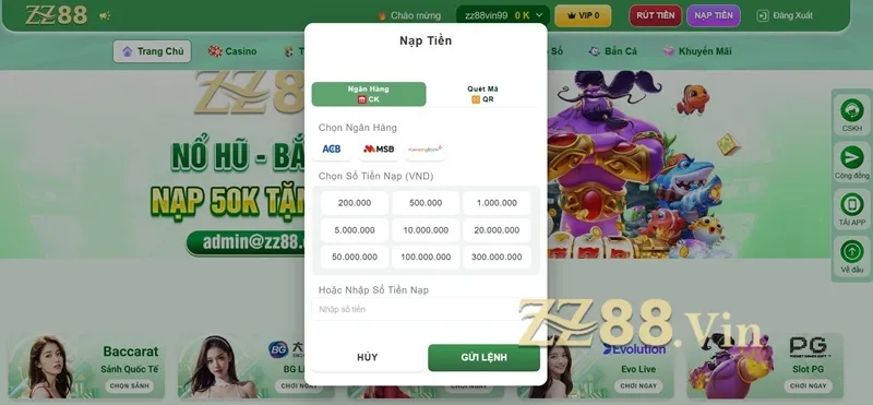 nạp tiền zz88 vin bằng ngân hàng